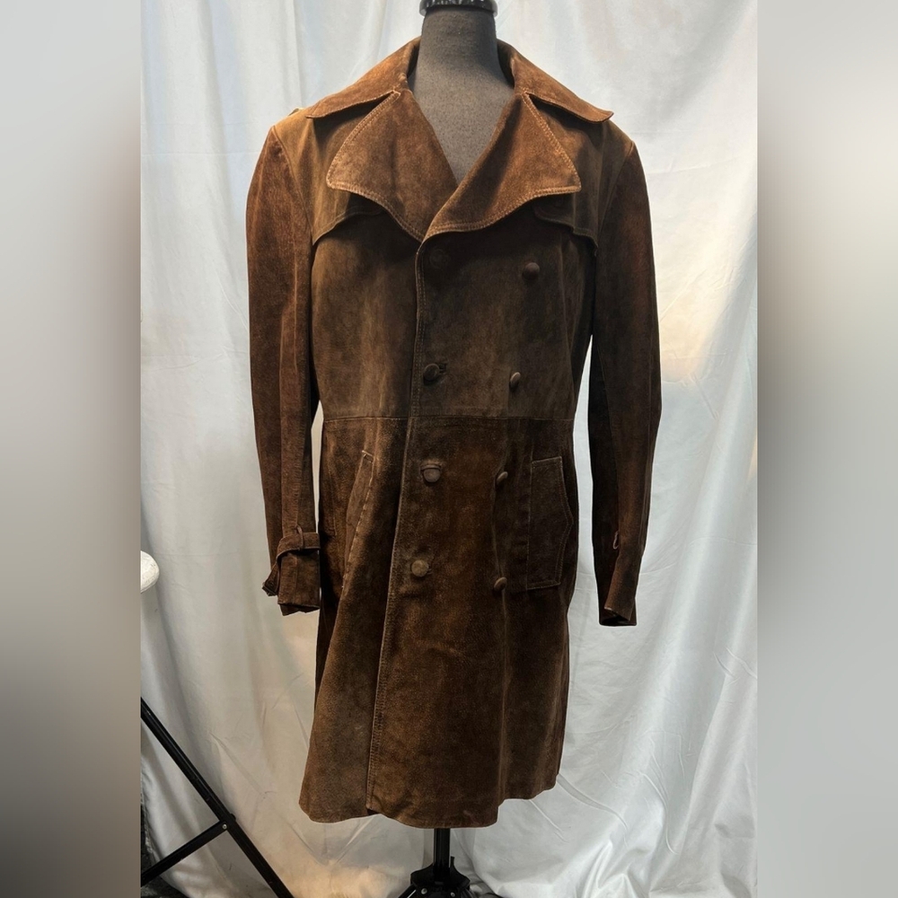 Vintage 70s Brown Suede Trench Coat Leather Double Button Buckle